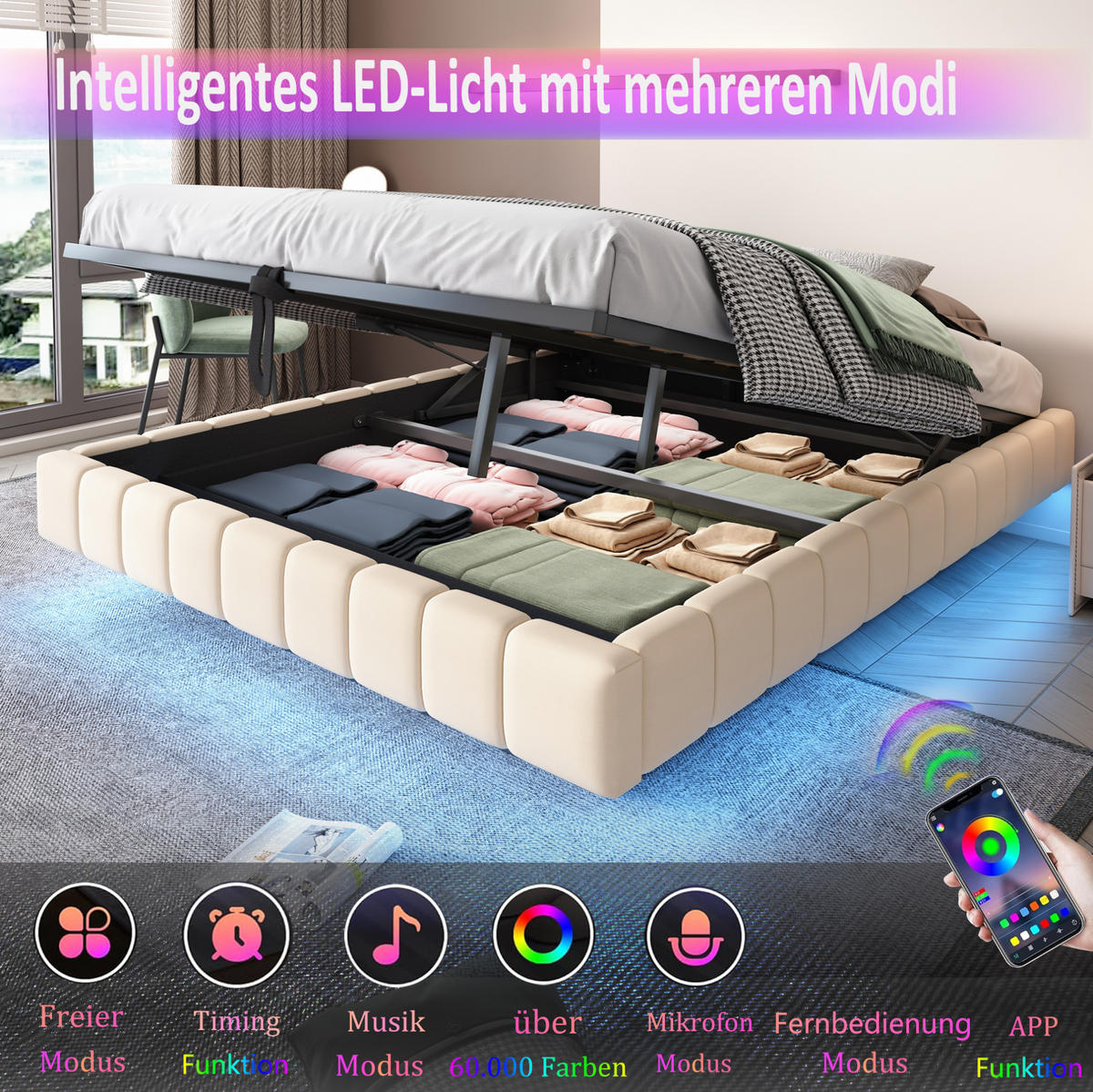 POLSTERBETT 160/200 cm Beige aus Stoff mit LED-Lichtleiste - Beige, Textil (160/200cm) - OKMYHOME