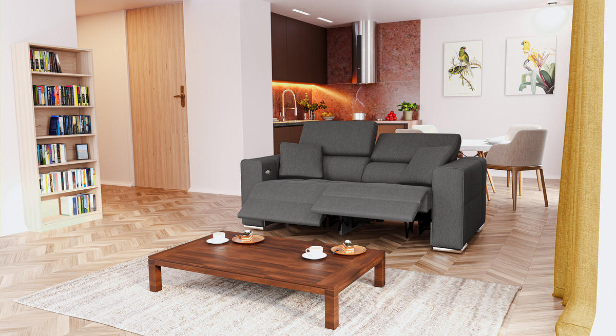 SOFA QUARTZ 3-Sitzer mit 2 Relaxfunktionen, dunkelgrau - Dunkelgrau/Silberfarben, Holzwerkstoff/Textil (204/80/102cm) - Courtois Laville