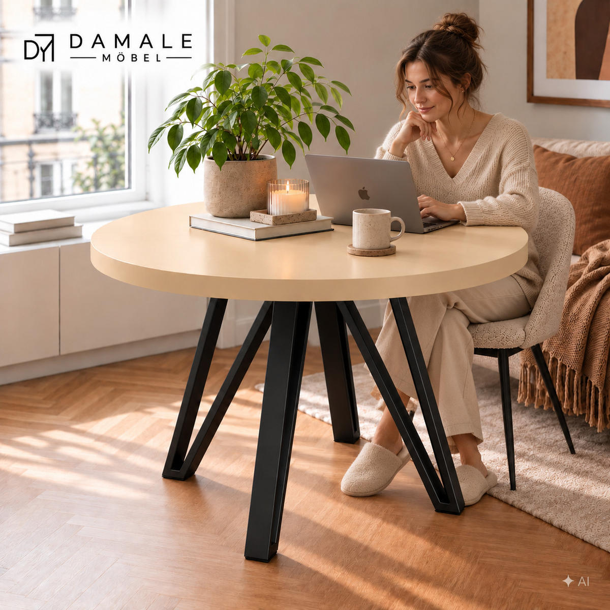 ESSTISCH rund ausziehbar 100/300/76 cm, Kaschmir, 54 cm Tischplatte + Industrial Metallgestell Schwarz - Kaschmir/Schwarz, Holzwerkstoff/Metall (100/300/76cm) - Damale Möbel