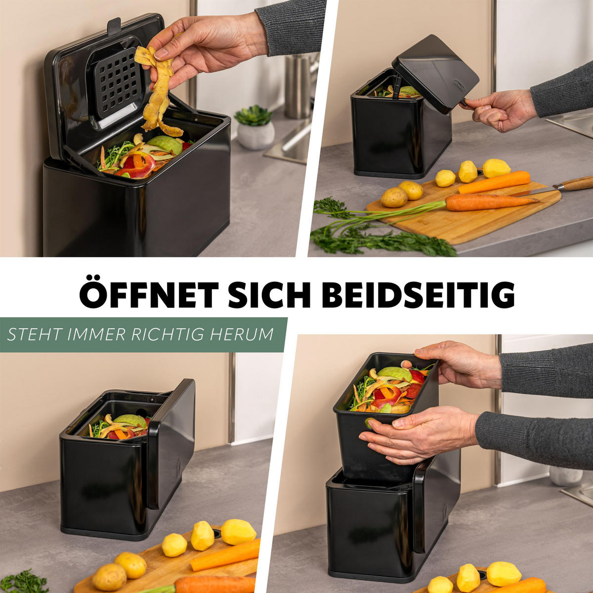 BIOMÜLLEIMER 3 Liter, Edelstahl, schwarz - Schwarz, Metall (26/17/14cm) - eluno