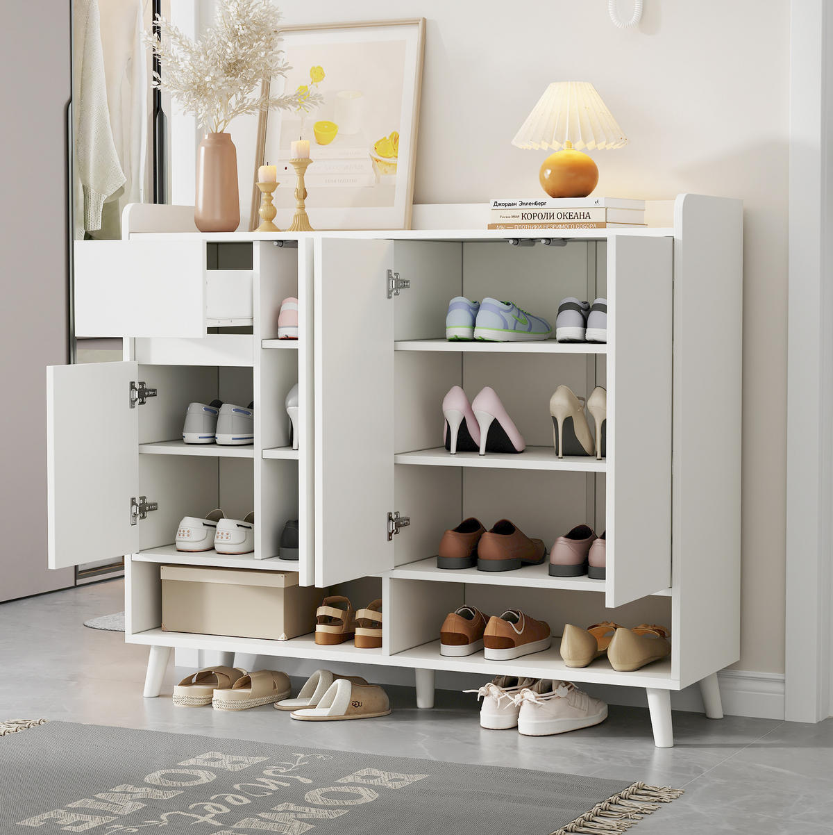 SCHUHSCHRANK mit 4 Türen und 1 Schublade 120 x 35 x 99 cm Weiß - Weiß, Holzwerkstoff (35/99/120cm) - Beauniv