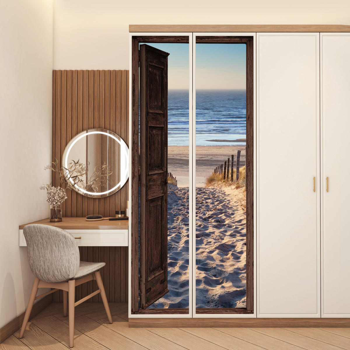 TÜRAUFKLEBER Selbstklebend - Fensterblick - Strand - Meer - Weg - Dünen 95x235 cm - Türtapete - Sandfarben, Kunststoff (95/0.1cm) - MuchoWow