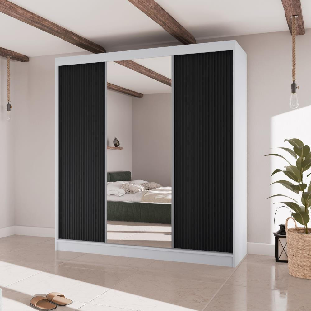 SCHWEBETÜRENSCHRANK Ramos II 200/61/215 eiche weiß+schwarz - Schwarz/Weiß, Holzwerkstoff (200/215/61cm) - Beautysofa