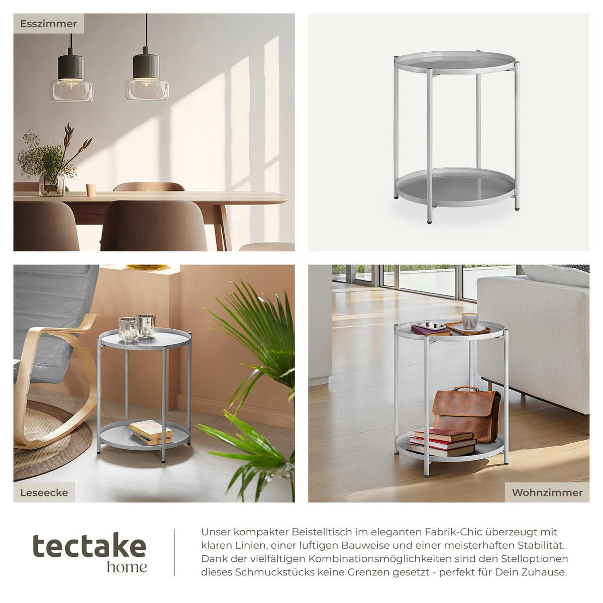 BEISTELLTISCH Oxford,45,5 x 45,5 x 53 cm,grau - Grau, Metall (45.5/45.5/53cm) - tectake