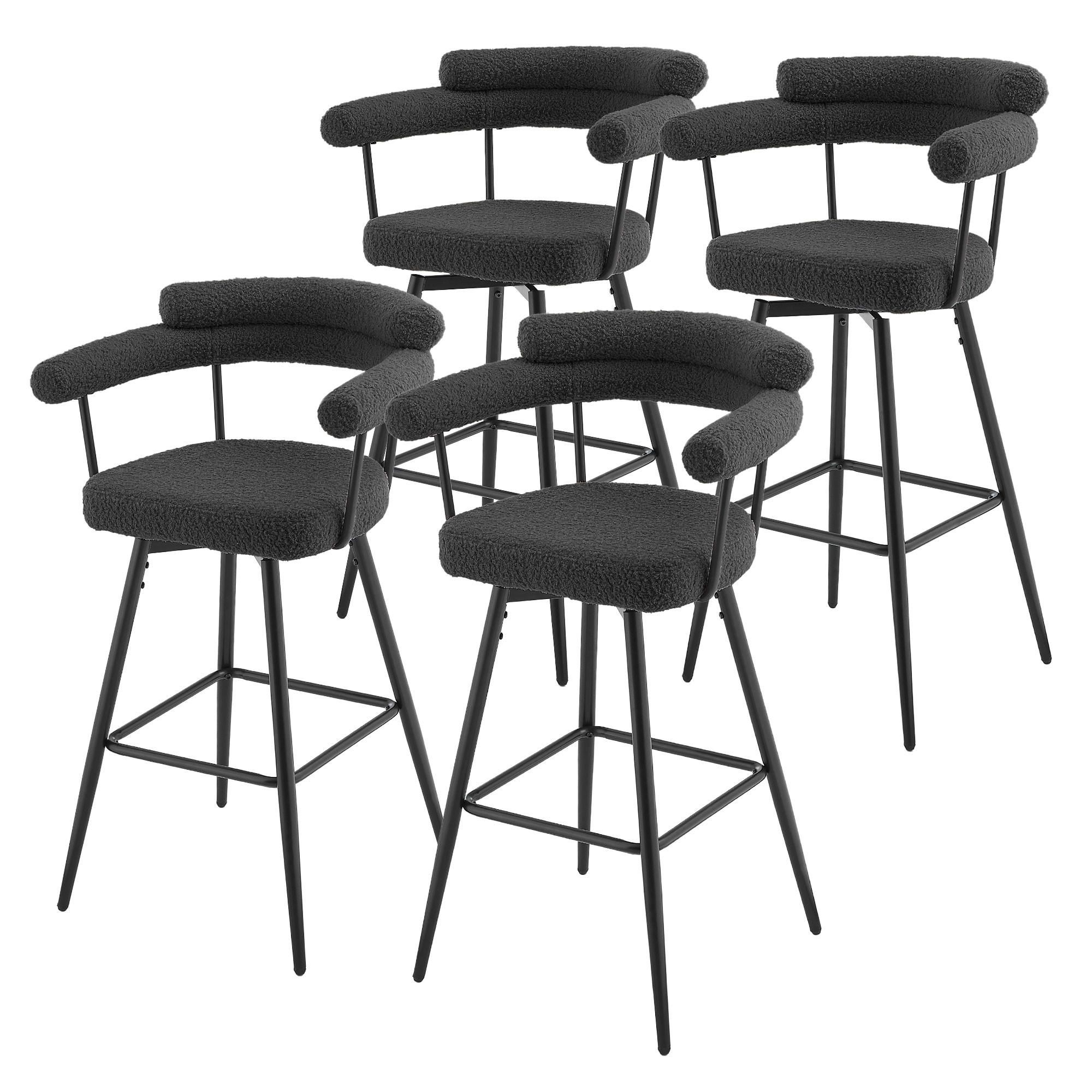 ML-DESIGN SADA 4 otočných barových židliček, tmavě šedé s plyšovým potahem, výška 76 cm