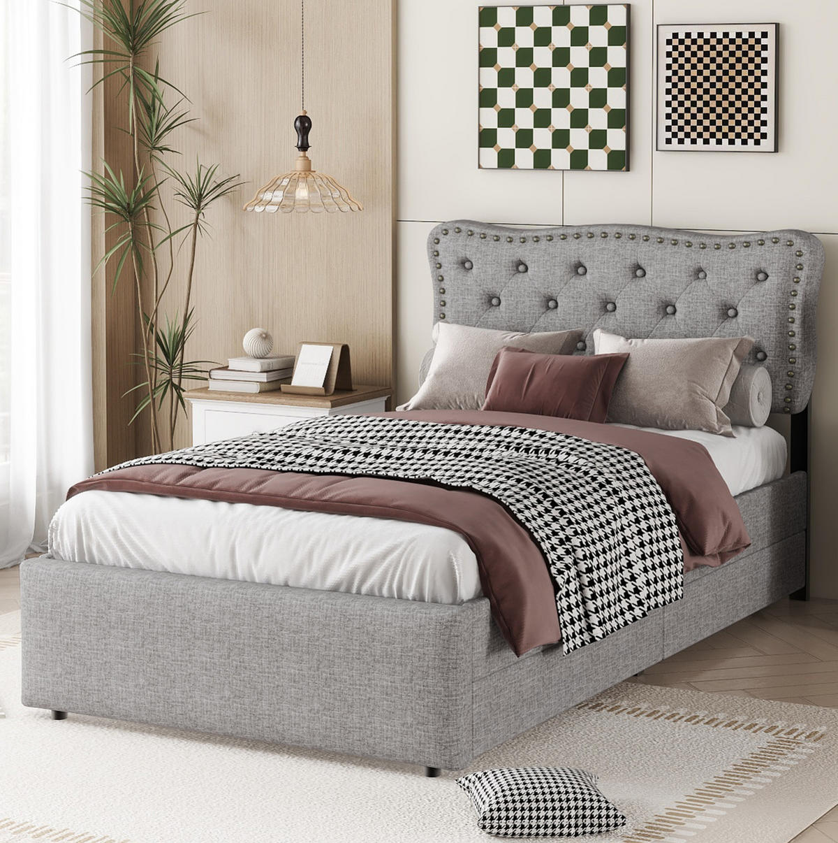 POLSTERBETT 90/200 cm Grau mit 2 Schubladen und gepolstertem Kopfteil - Grau, Textil (90/200cm) - BEAOK