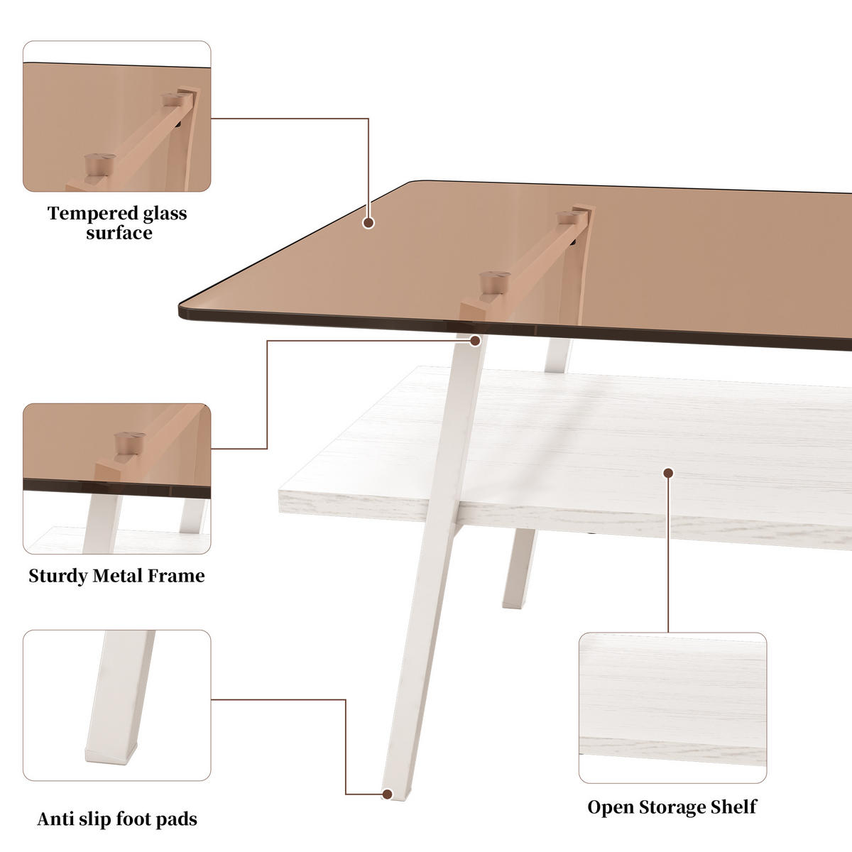 COUCHTISCH Weiß und Braun mit Glasplatte 98/58/42,5 cm - Braun, Holzwerkstoff (58/98/42.5cm) - PANGIVO