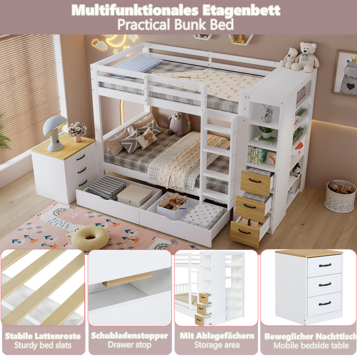 ETAGENBETT aus Holz 90x200 cm Weiß/Natur mit 2 Bettkästen, Stauraumregal, Leiter und Nachtkommode - Weiß, Holz (90/200cm) - Modfu