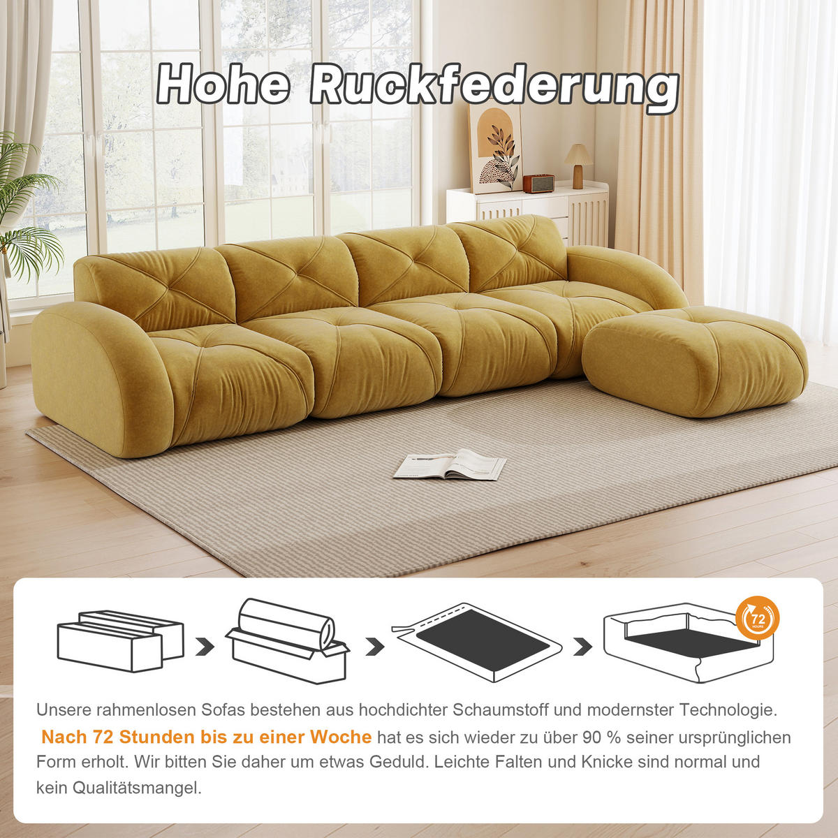 ECKSOFA 358/171/76 cm Gelb Chenille mit 1 Fußhocker, rutschfeste Unterseite - Gelb, Textil (358/171cm) - Oxeza