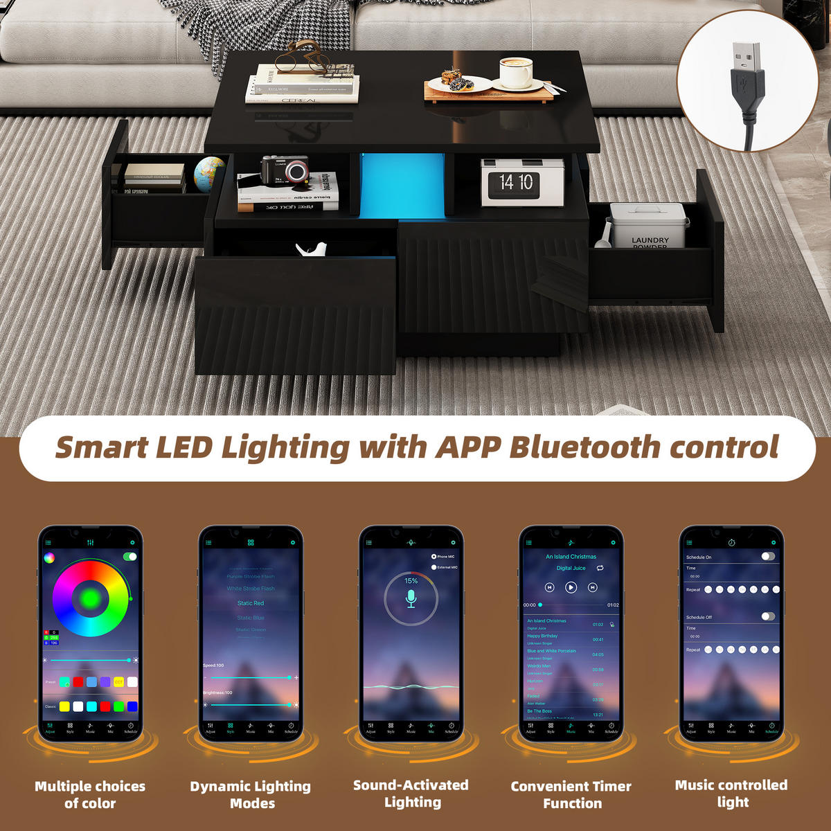 WÜRFEL-COUCHTISCH mit Hochglanz, 4 Schubladen & LED-App-Steuerung, 70/70/40 cm, Schwarz - Schwarz, Holzwerkstoff (70/70/40cm) - Redom