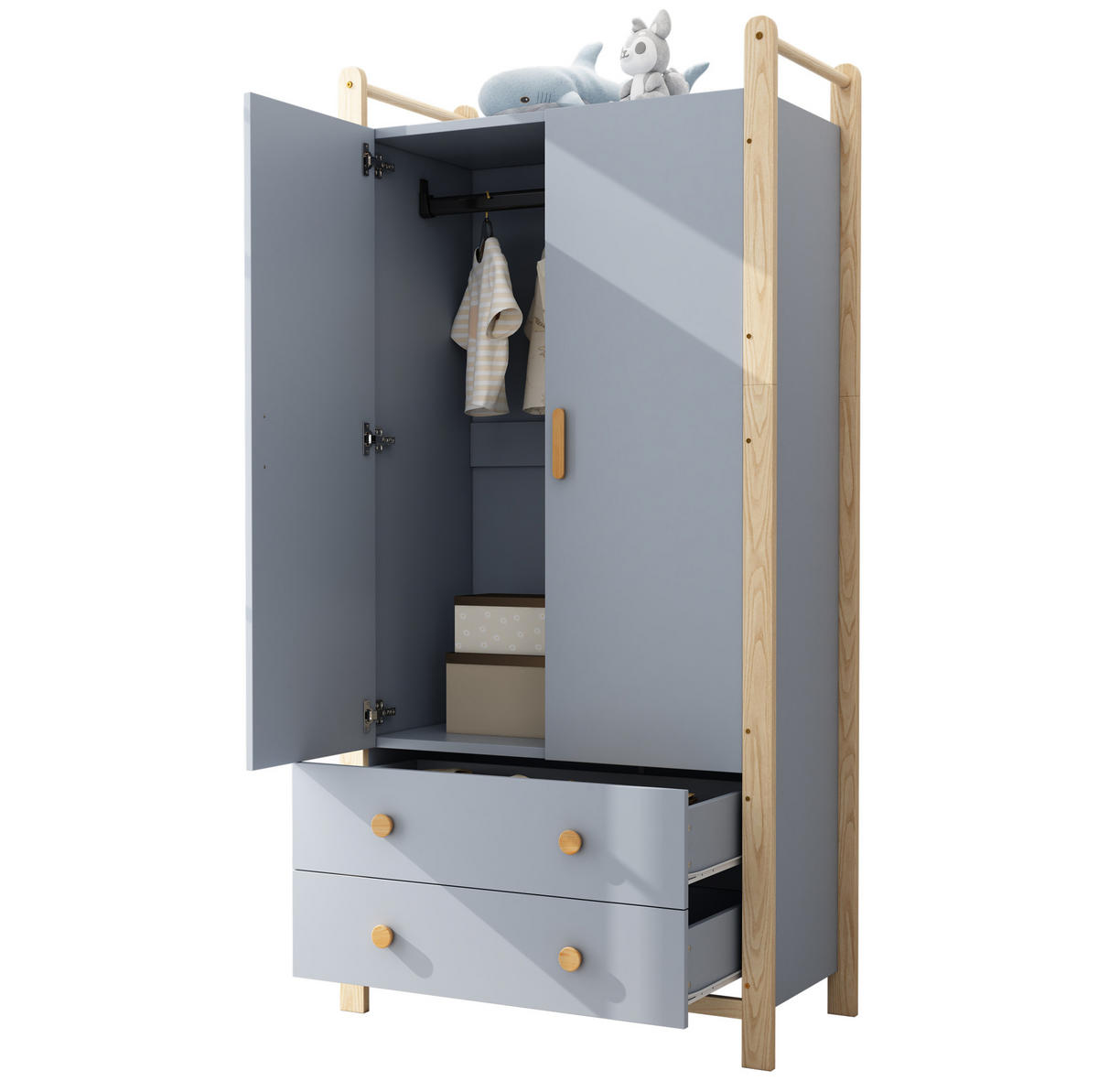KLEIDERSCHRANK 89,6/44/180,5 cm blau/khaki aus Holzwerkstoff und Kiefer mit Kleiderstange und 2 Schubladen - Blau, Holzwerkstoff (44/180.5/89.6cm) - OKWISH