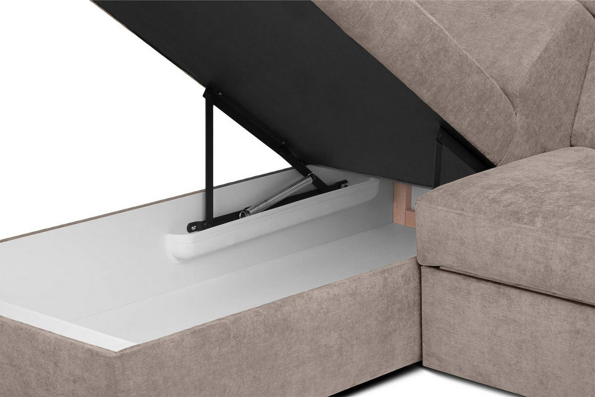 SCHLAFECKSOFA RATLO rechts 4/5-Sitzer mit Bettkasten in Lederoptik, Beige - Beige/Silberfarben, Textil (270/190cm) - KONSIMO®