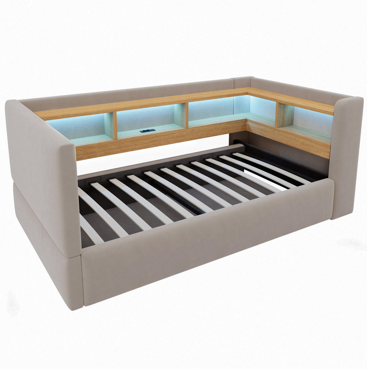 POLSTERBETT 90/190 cm aus Flanell mit LED/Steckdosen und Stauraum, Dunkelgrau - Dunkelgrau, Textil (90/190cm) - OKMYHOME