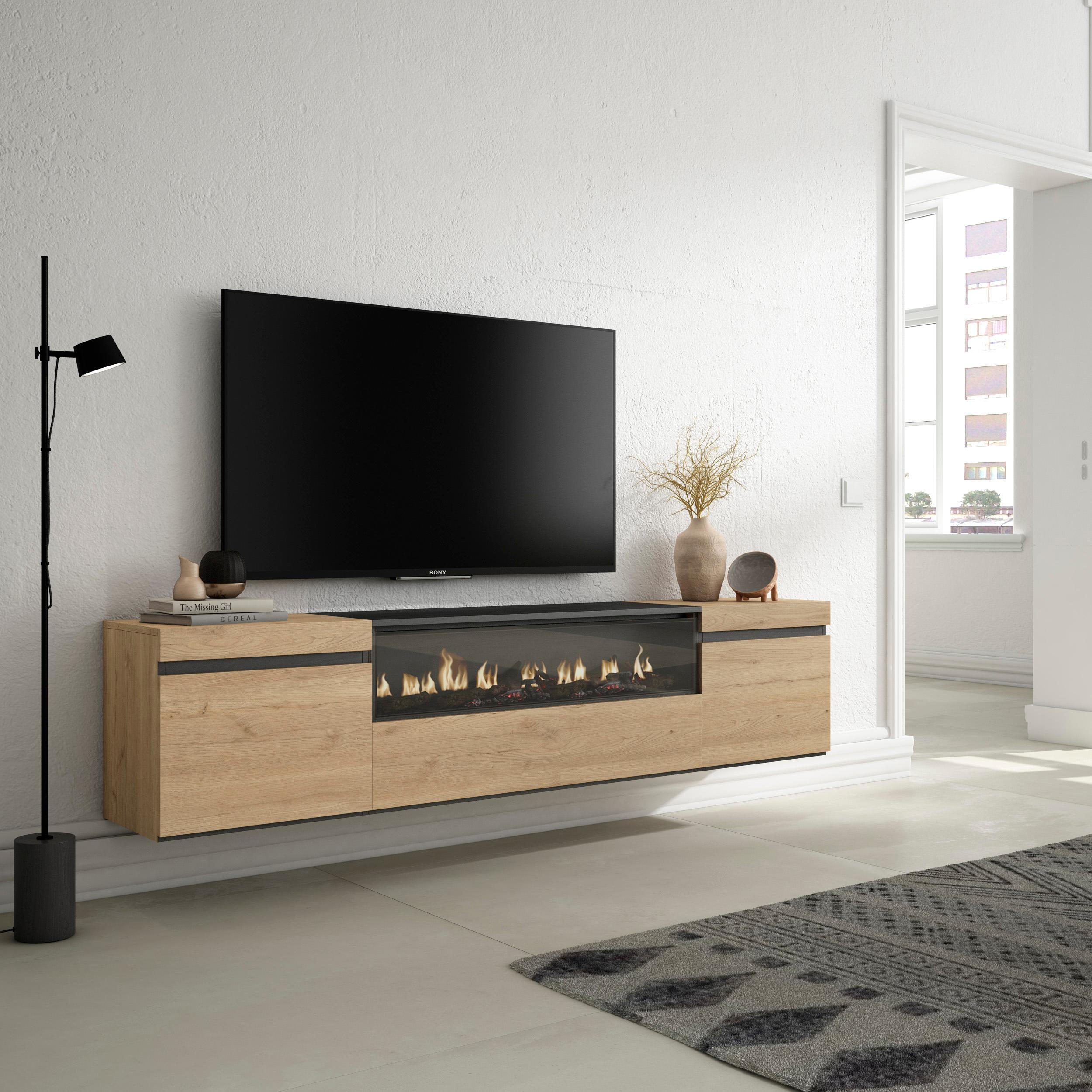 LOWBOARD Elektrokamin, Hängend, eiche, schwarz, 200/35/45cm - Eichefarben/Naturfarben, Holzwerkstoff (200/45/35cm) - Skraut Home