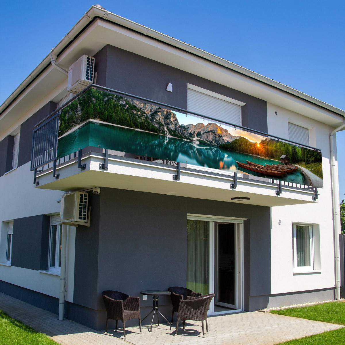 BALKON-SICHTSCHUTZ See - Berge - Sonnenuntergang - Boot - Petrol, Kunststoff (500/90cm) - MuchoWow