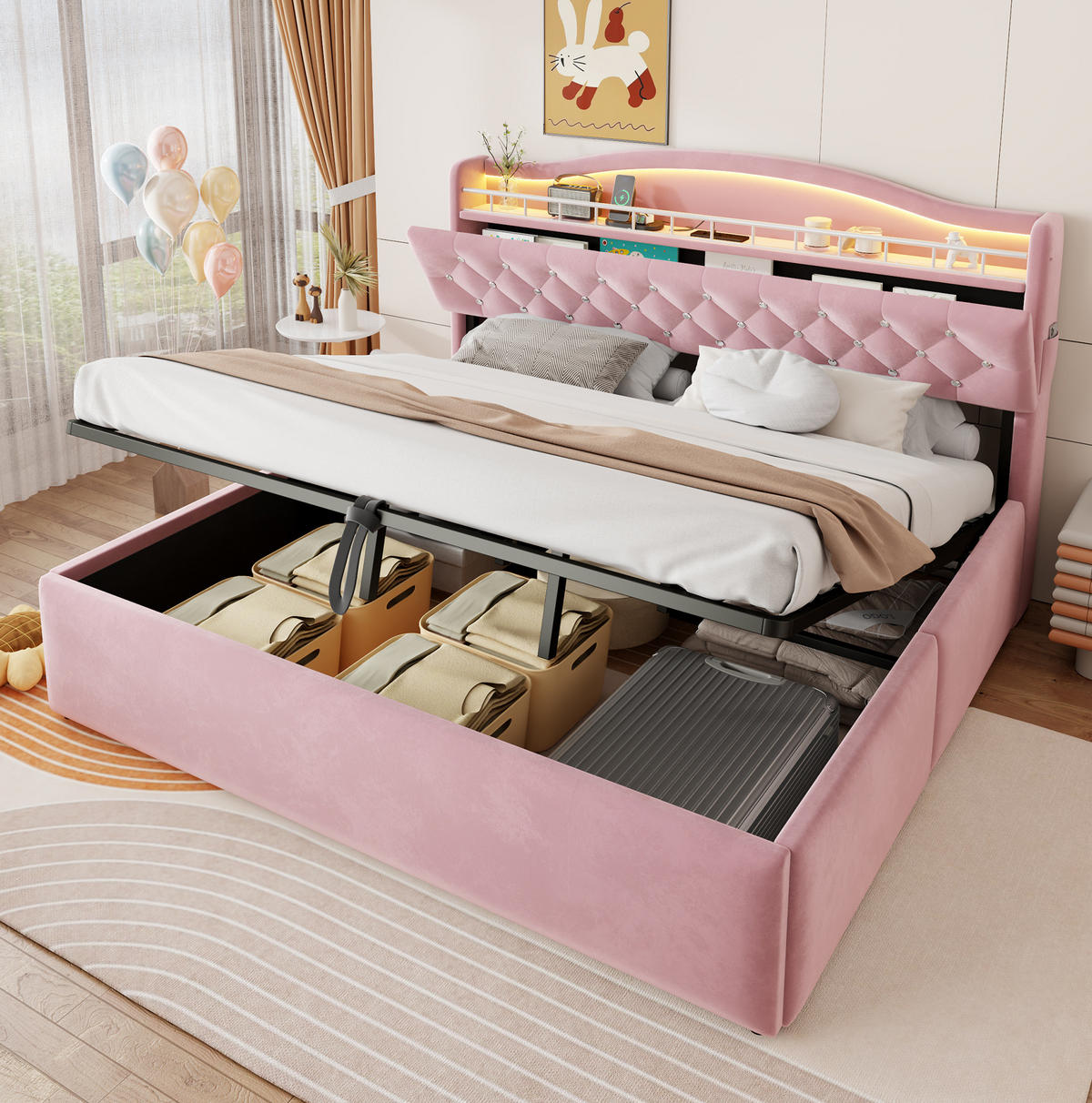 POLSTERBETT 180x200 cm in Rosa mit LED-Kopfteil, USB-/USB-C-Anschlüssen und Bettkasten - Pink, Textil (180/200cm) - IVMEU