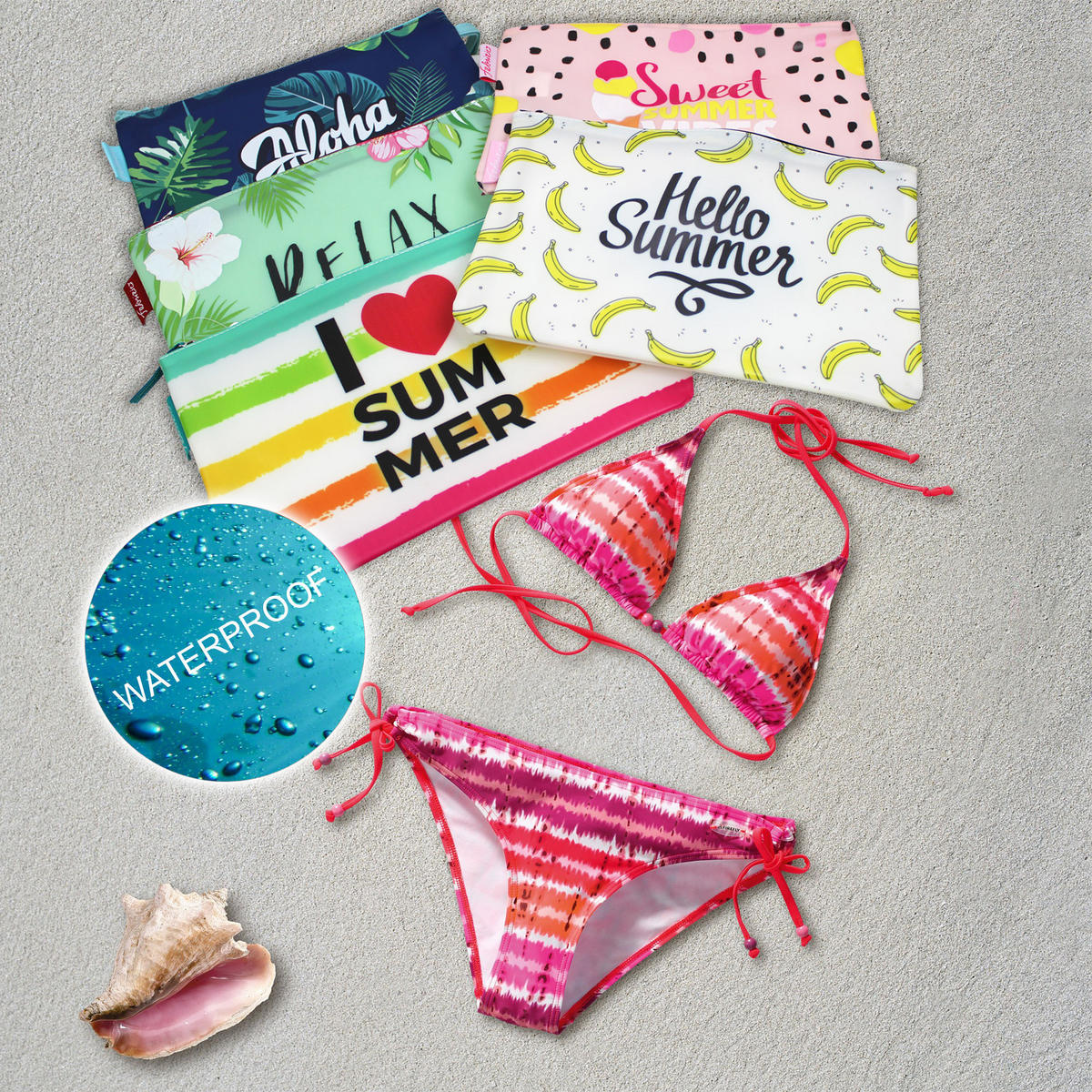 BIKINI WETBAG I Love Summer Weiß Badetasche wasserdichte Nasstasche - Multicolor, Kunststoff (20/20/30cm) - TiborTex