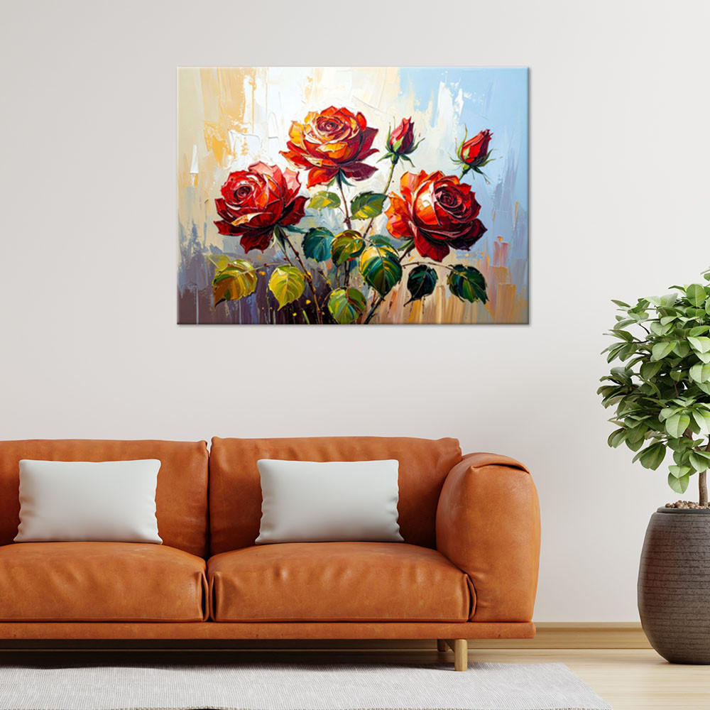 LEINWANDBILD Rote Rosen auf beigem abstrakten Hintergrund 100x70cm - Rot, Textil (100/70cm) - Feeby