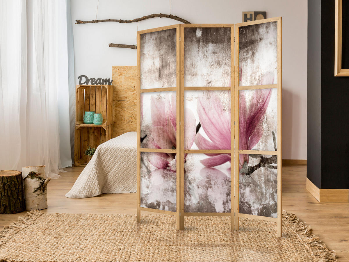 PARAVENT Japanischer 3-tlg 135x172 cm Vintage Magnolien - Multicolor, Holz/Textil (135/172/3cm) - Muralo