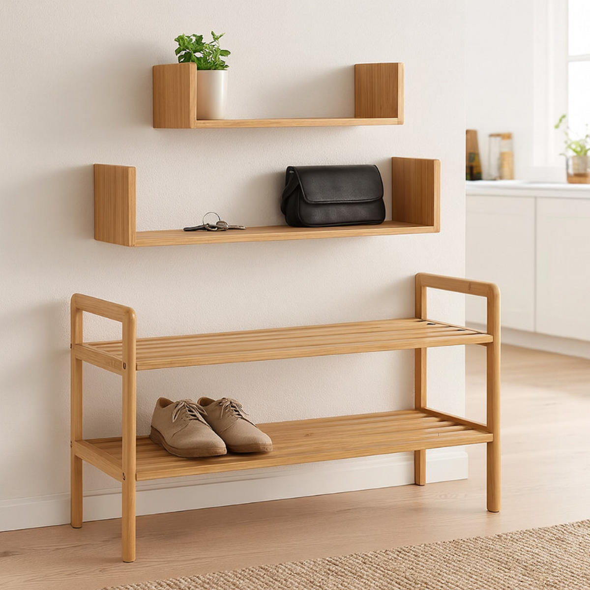 SCHUHREGAL Bambus Naturfarben 2 Ebenen - Hellbraun/Braun, Holz (70/40/26cm) - Begryf