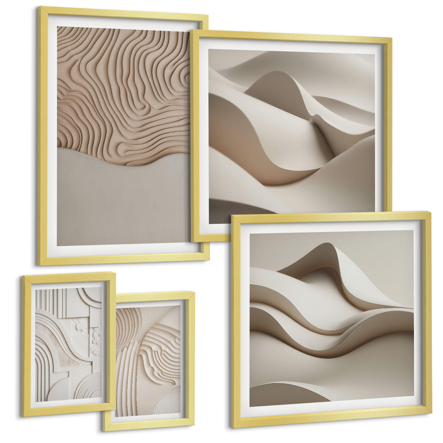 BILDER SET 5er Set - 50x50 cm & 20x30 cm & 40x60 cm Goldrahmen - Abstrakte Wellen auf dem Sand - Goldfarben, Kunststoff (40/60cm) - TULUP