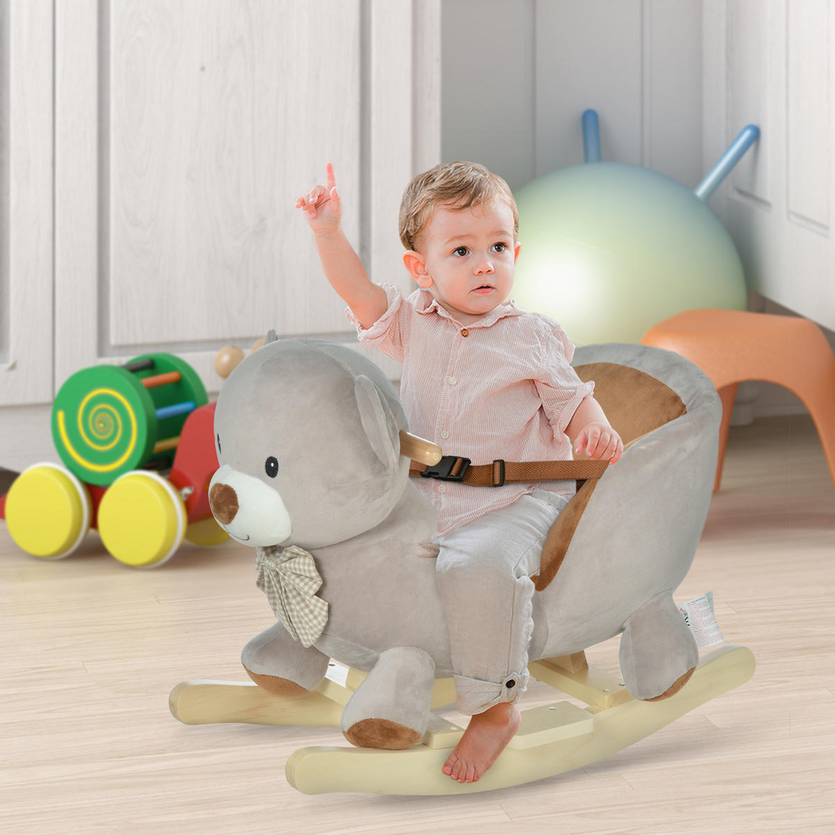 SCHAUKELPFERD DE-18232 mit Soundfunktion und Sicherheitsgurt Grau-Braun - Grau, Holz (33/50/60cm) - ComfortXL
