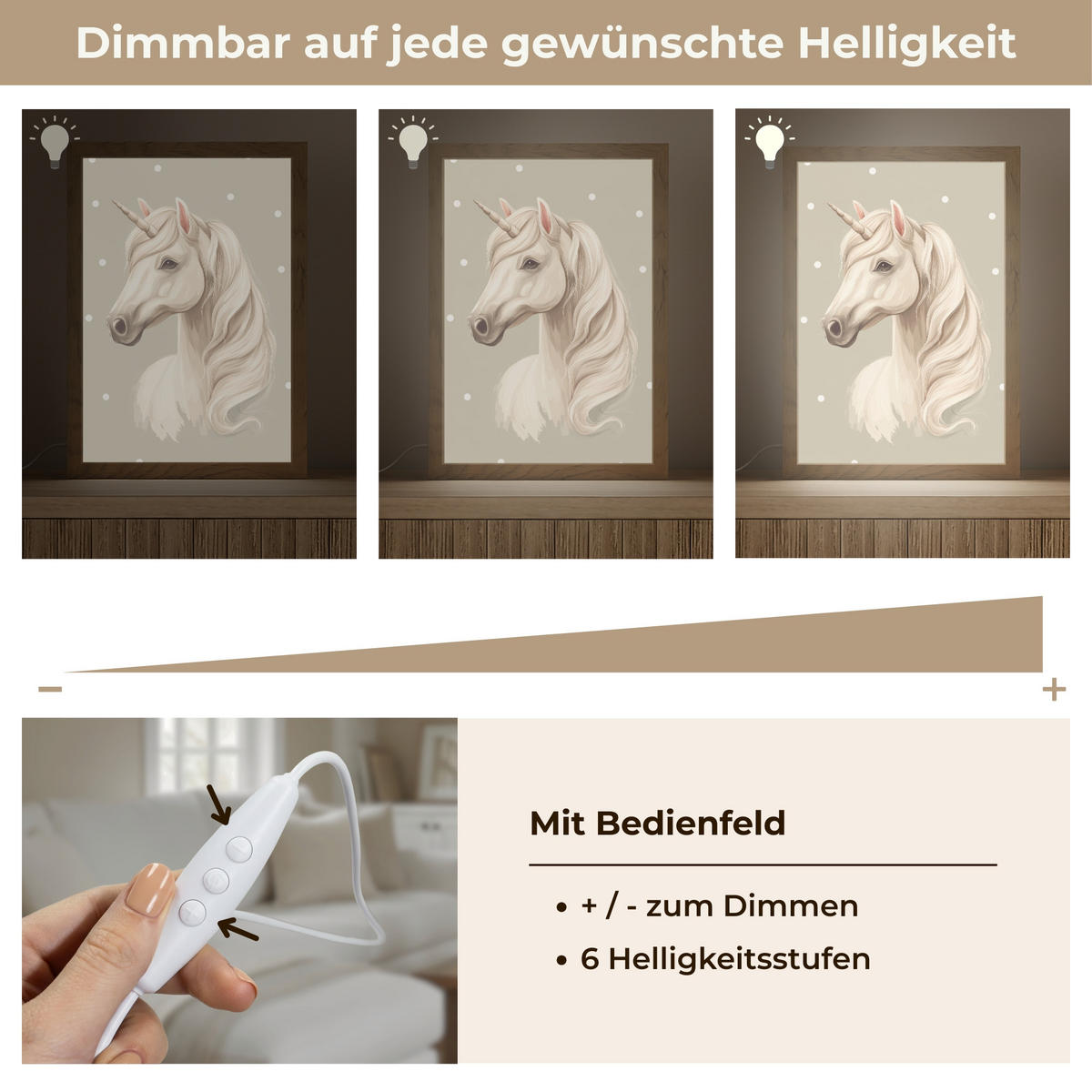 NÁSTĚNNÁ LAMPA Jednorožec - bílý - tečky 20x30 cm - šedohnědá, kompozitní dřevo (20/30/8cm) - OnlyWow