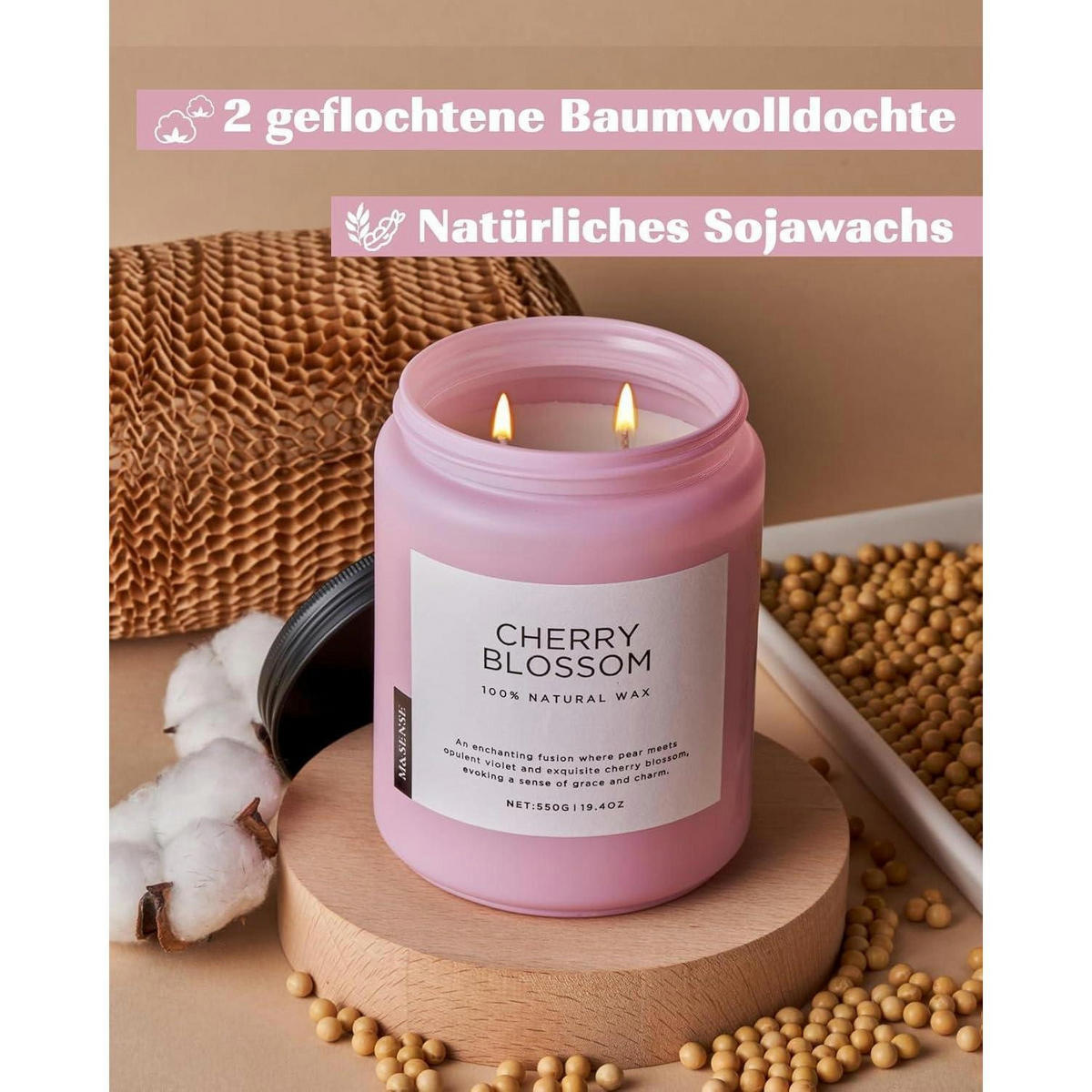 DUFTKERZE Kirschblüte 550g, 110 Stunden Brenndauer, Natürliches Wachs - Rosa, Paraffin (13cm)