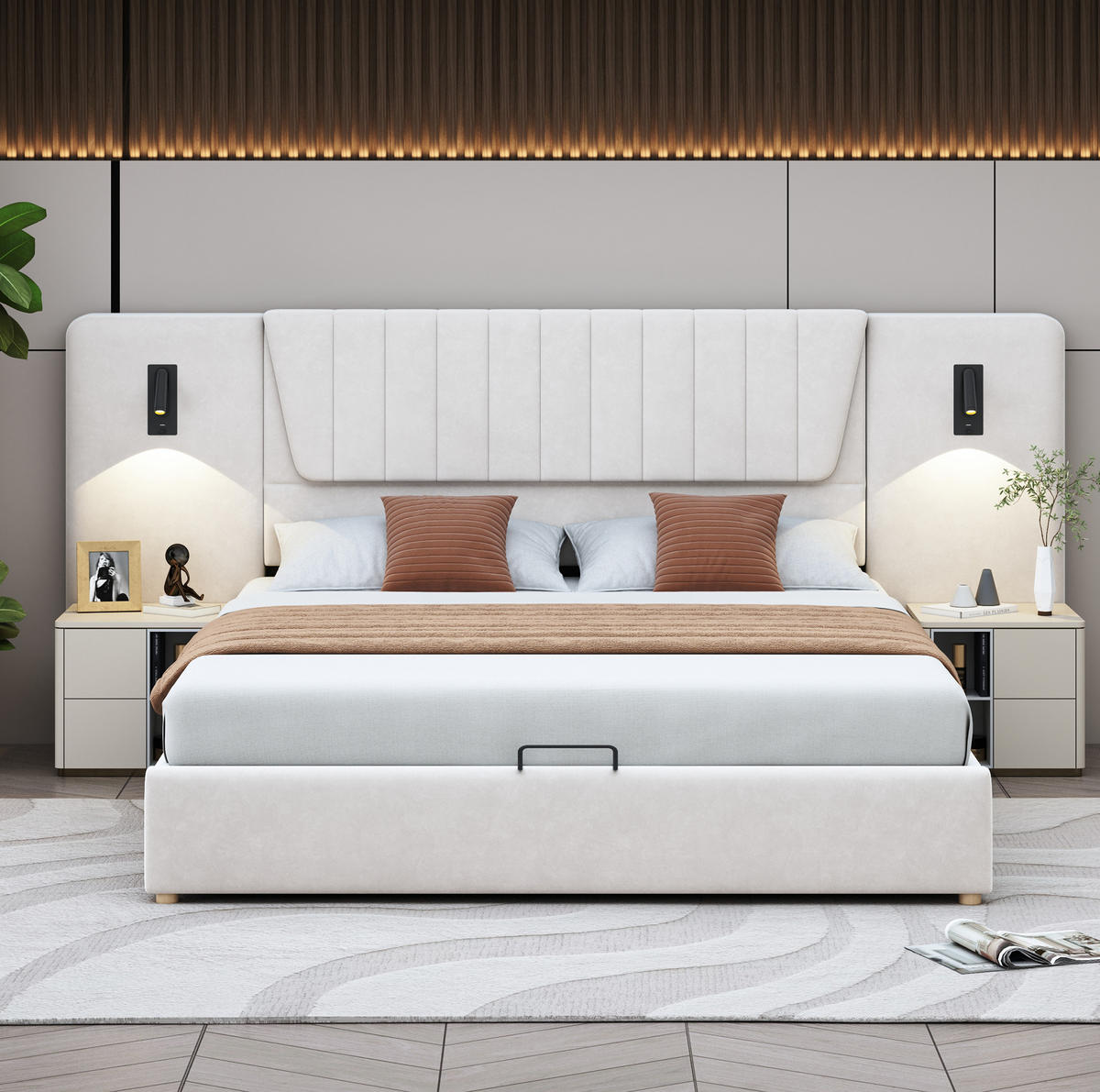 POLSTERBETT 180/200 cm in Beige mit Stauraum, Leselampen und USB-Anschlüssen - Beige, Textil (180/200cm) - Flora Grace