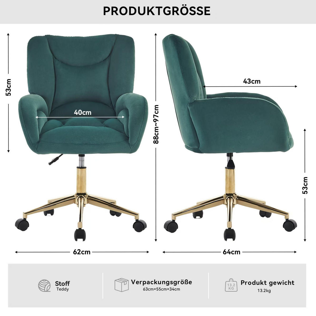 DREHSTUHL höhenverstellbar Samt Grün - Grün, Metall (62/92.5/64cm) - Meubliv