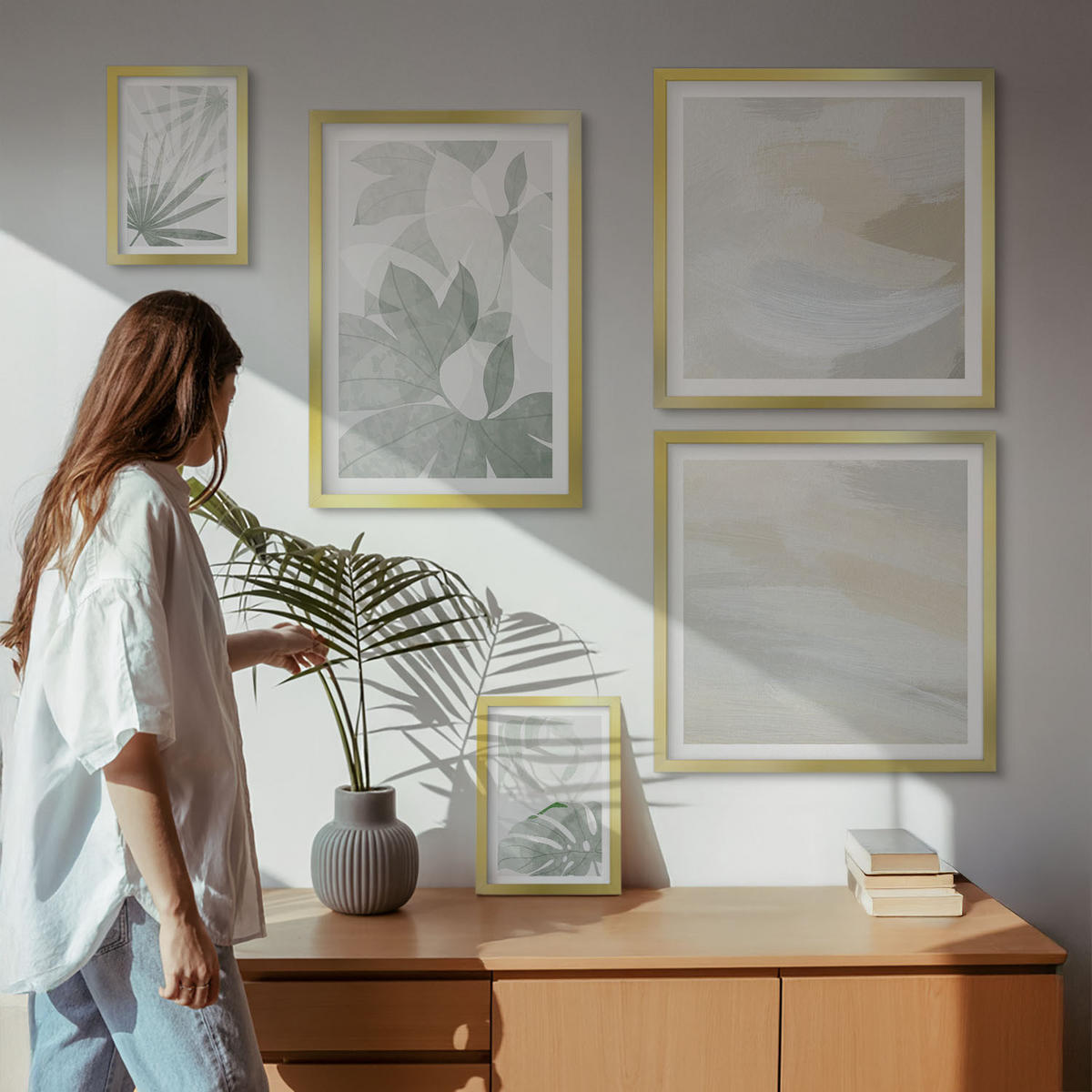 BILDER SET 5er Set - 50x50 cm & 20x30 cm & 40x60 cm Goldrahmen - Die Blätter der Pflanzen sind grünlich-grau. - Goldfarben, Kunststoff (40/60cm) - TULUP