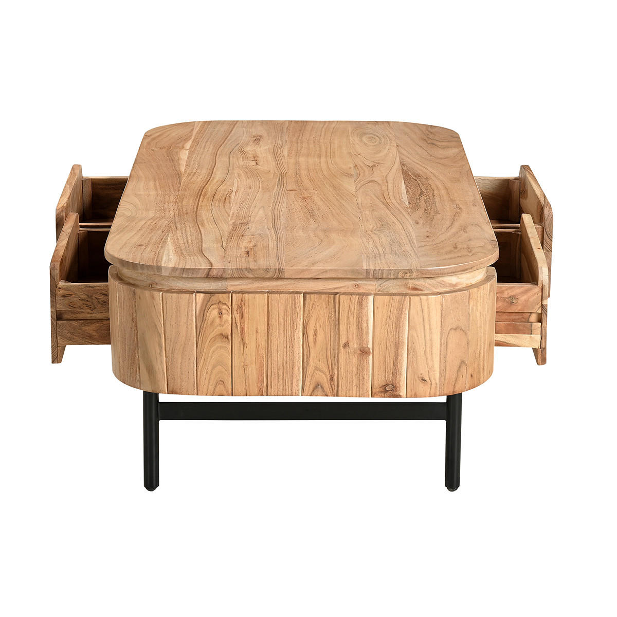 COUCHTISCH Massivholz Schwarzes Metall 4 Schubladen B115 cm NAPOLI - Eiche Bianco, Holz (115/60/40cm) - Miliboo