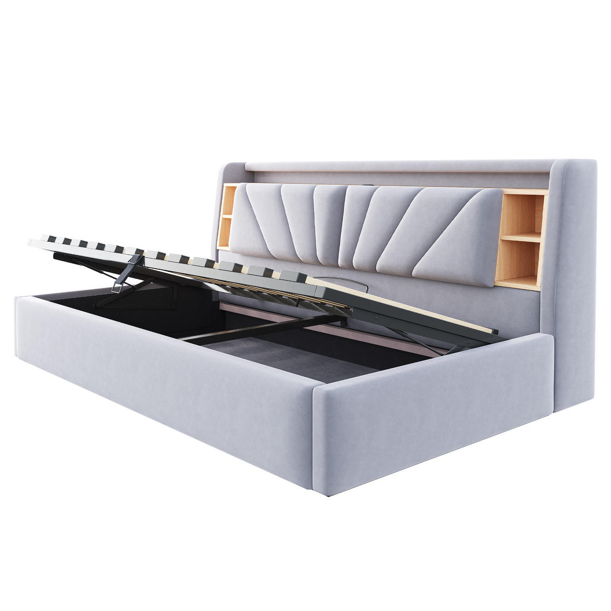 POLSTERBETT 90*200 cm mit LED, USB und Stauraum, Hellgrau - Hellgrau, Textil (90/200cm) - FLIEKS
