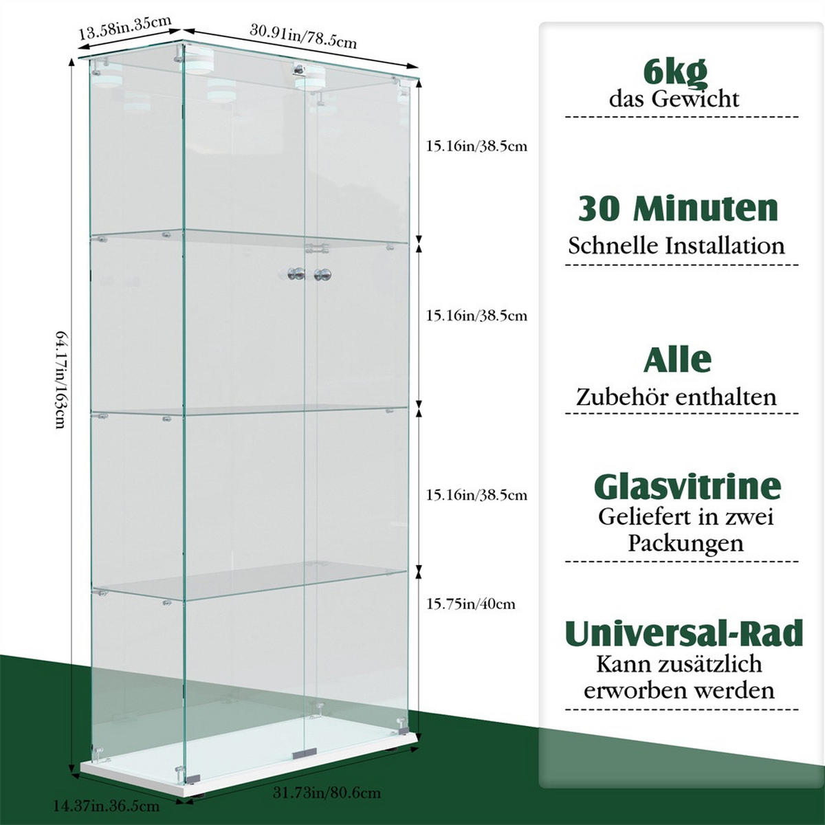 VITRINE - Glasvitrine mit 2 Türen und 4 Ebenen - integrierte LED-Spot-Beleuchtung - Weiß - Weiß, Glas (78.5/163/35cm) - DELFA