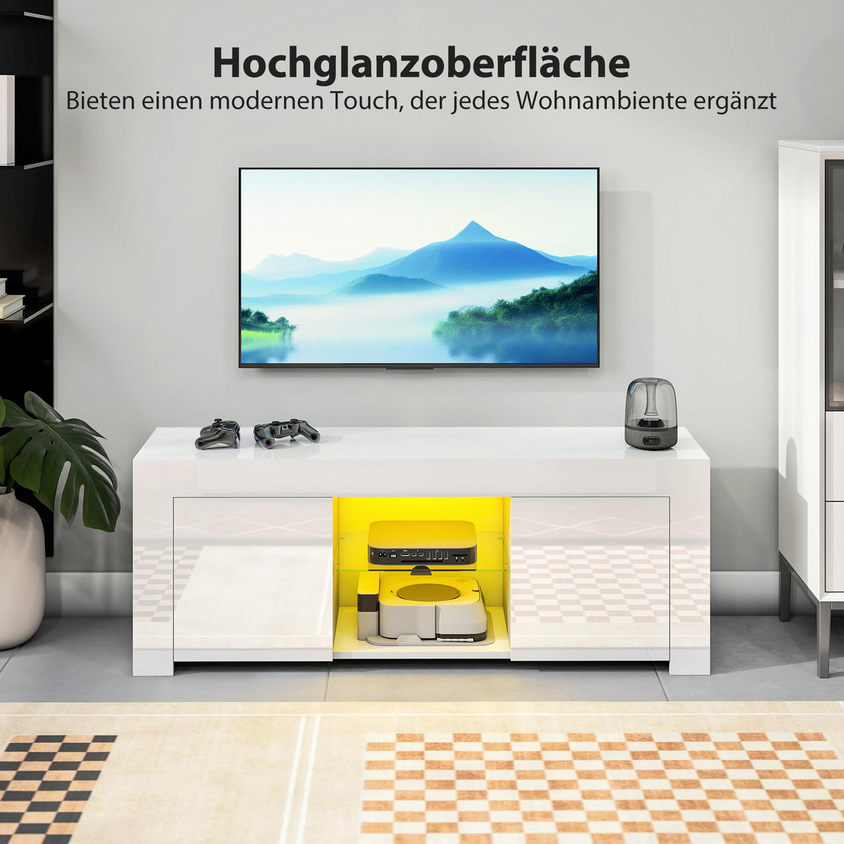 TV-SCHRANK mit LED-Beleuchtung, 2 Schranktüren, Glasregal, Kabellöcher Weiß - Weiß, Glas/Holzwerkstoff (34/45/120cm) - HOMCOM
