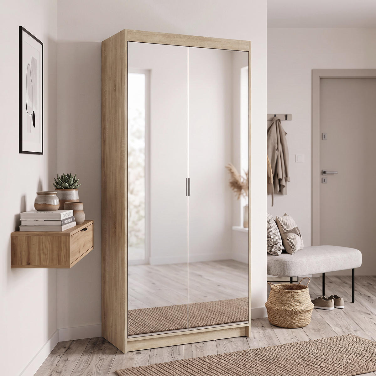 SKŘÍŇ S OTOČNÝMI DVEŘMI Elena se 2 dveřmi a 2 zrcadly, 90 cm, dub Sonoma - Sonoma dub, kompozitní dřevo (90/190/53cm) - Beautysofa