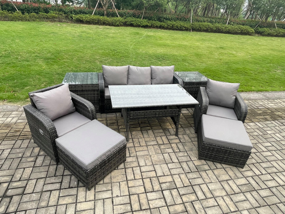 GARTENSET mit 3-Sitzer-Sofa,Hockern,Esstisch Polyrattan 7-Sitzer - Dunkelgrau/Grau, Glas/Kunststoff - Fimous