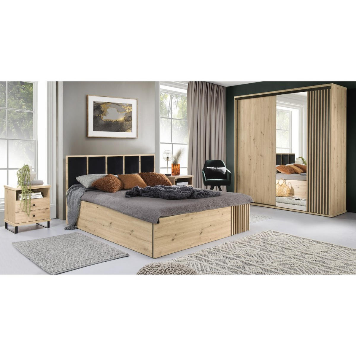VITRINE Caya mit zwei Türen, Metalbeinen und LED-Beleuchtung - Schwarz/Eiche Artisan, Holzwerkstoff/Metall (86/142/41cm) - Beautysofa