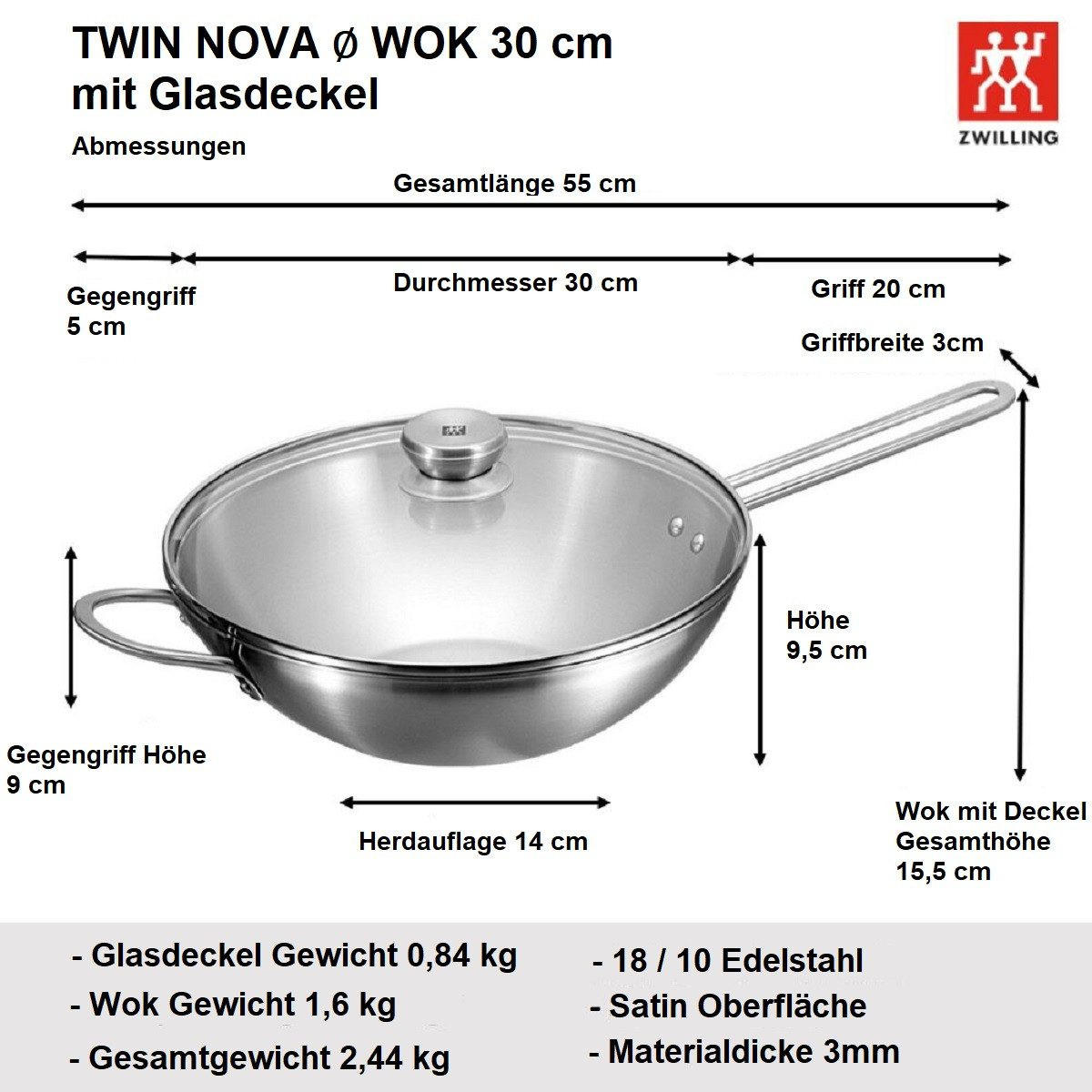 WOKPFANNE Twin Nova 30 cm mit Glasdeckel und Chinesisches Kochmesser Set Induktionsgeeignet Unbeschichtet Für Alle Herdarten - Silberfarben, Metall (30cm) - Zwilling