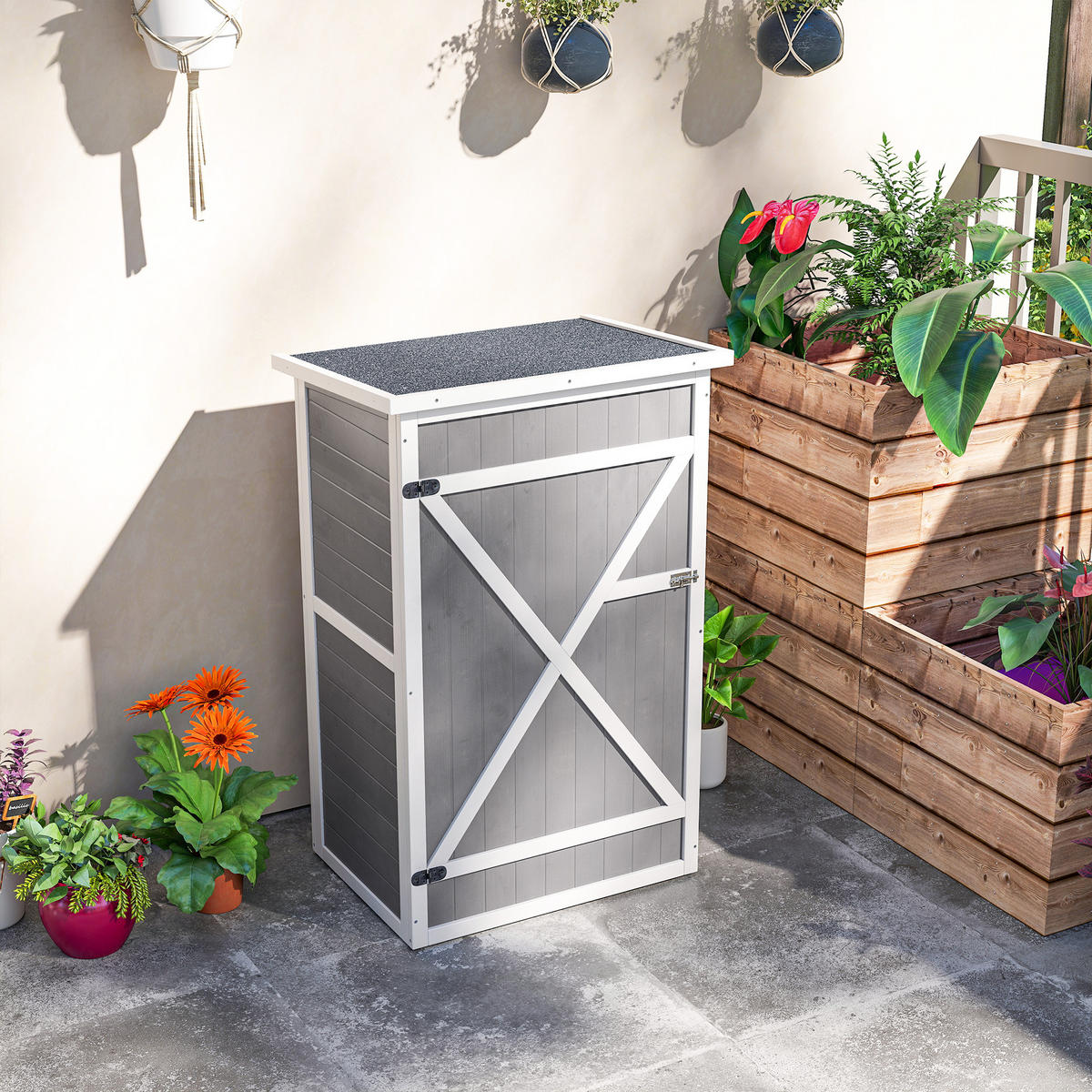 GARTENHAUS Geräteschuppen, mit Regalböden, für Garten, Tanne, Schwarz+Grau+Weiß - Schwarz/Weiß, Holz (56/115/75cm) - Outsunny