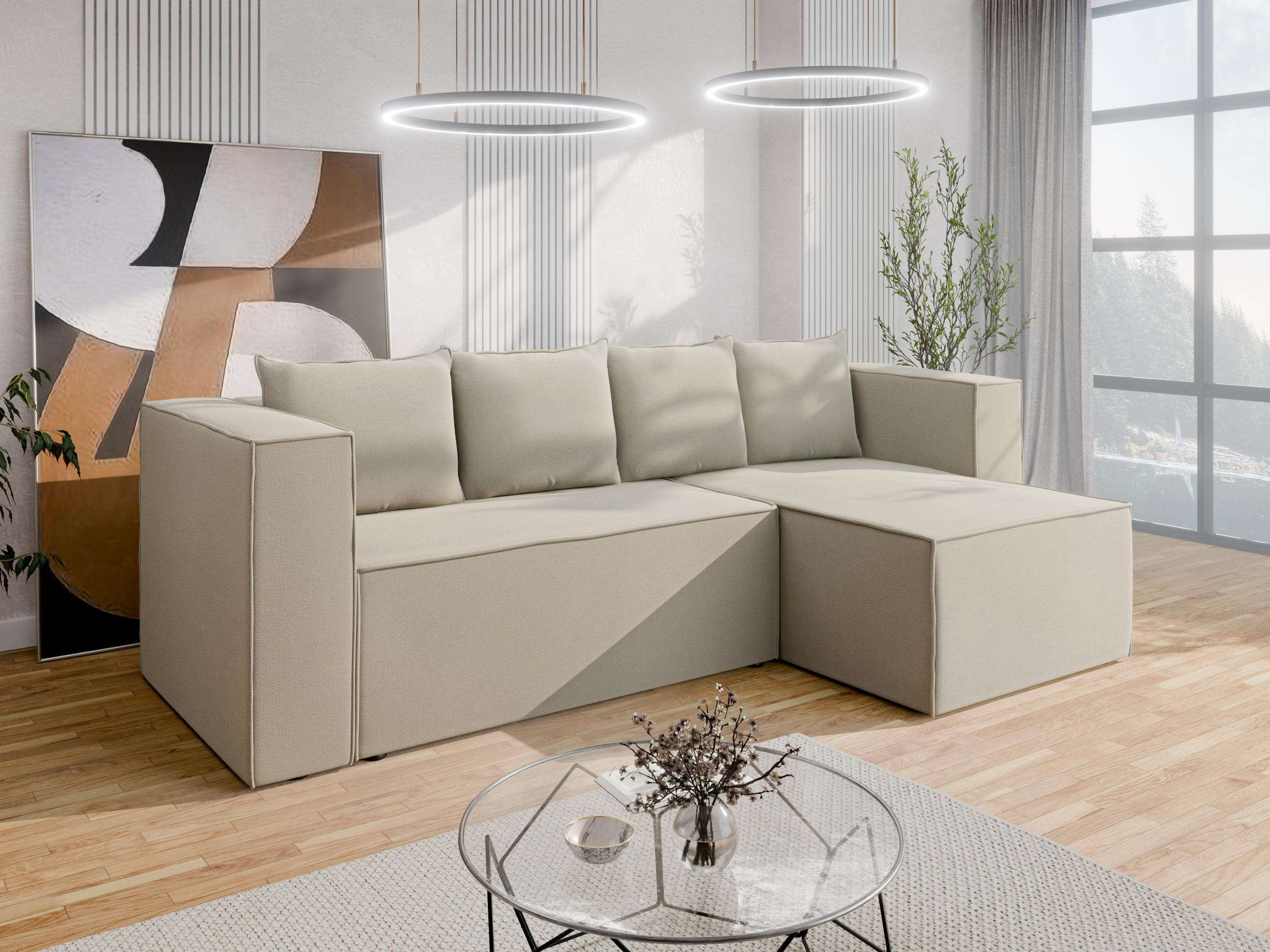 ECKSCHLAFSOFA AURIX Schlafsofa mit Bettkasten, Creme - Creme, Holz (150/244cm) - Panda Möbel