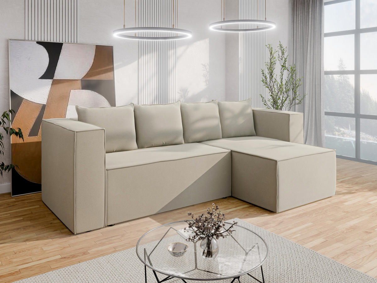 ECKSCHLAFSOFA AURIX Schlafsofa mit Bettkasten, Creme - Creme, Holz (150/244cm) - Panda Möbel
