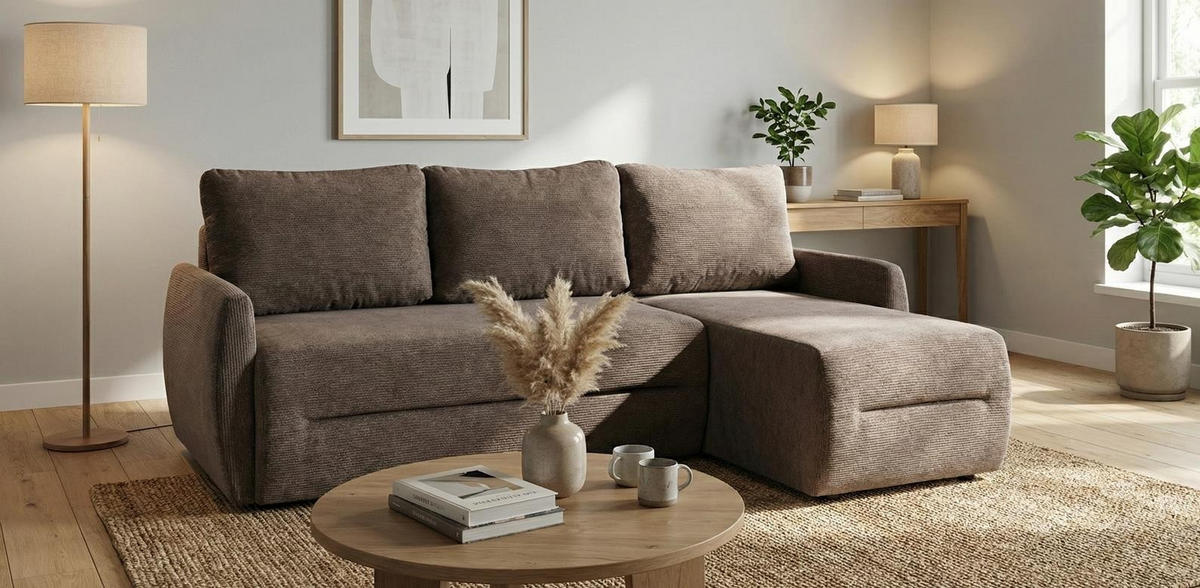 ECKSOFA mit Schlaffunktion KATANIA - Chenille-Stoff Taupe - Inkl. Bettkasten - Taupe, Textil (225/153cm) - Bettso
