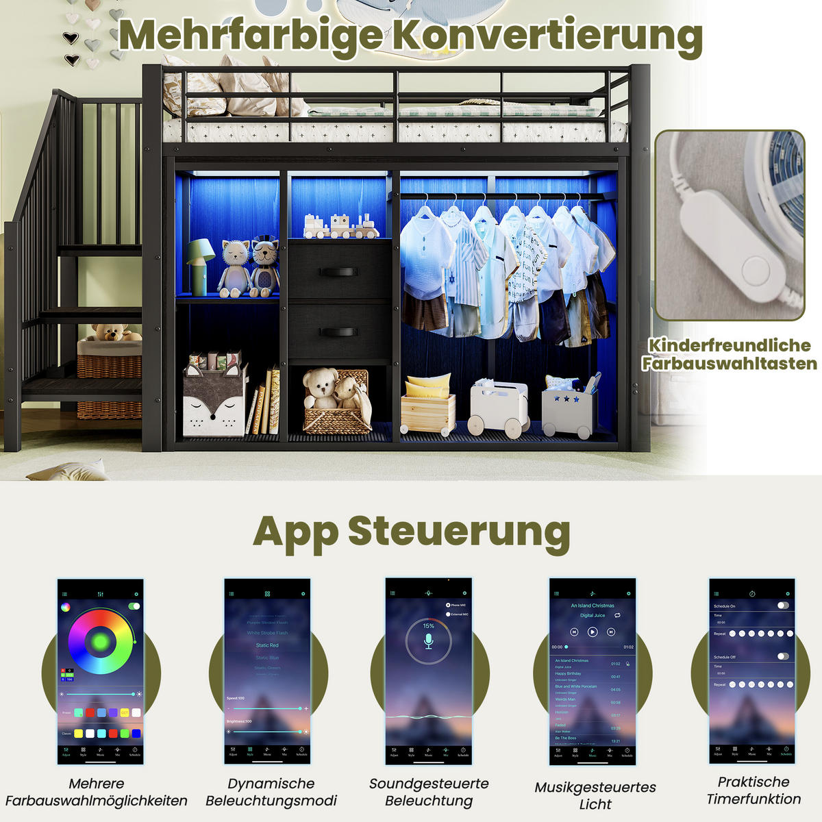 HOCHBETT 90/200 cm Schwarz mit 2 Schubladen und mehrfarbiger LED-Beleuchtung - Schwarz, Metall (90/200cm) - OKWISH