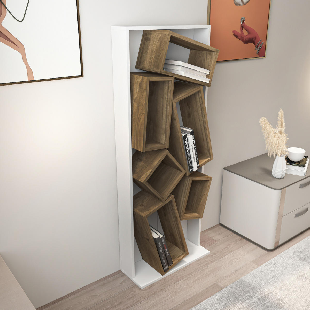 BÜCHERREGAL Carmen Weiss Walnuss - Walnussfarben/Weiß, Holzwerkstoff (24/153/60cm) - Decorotika