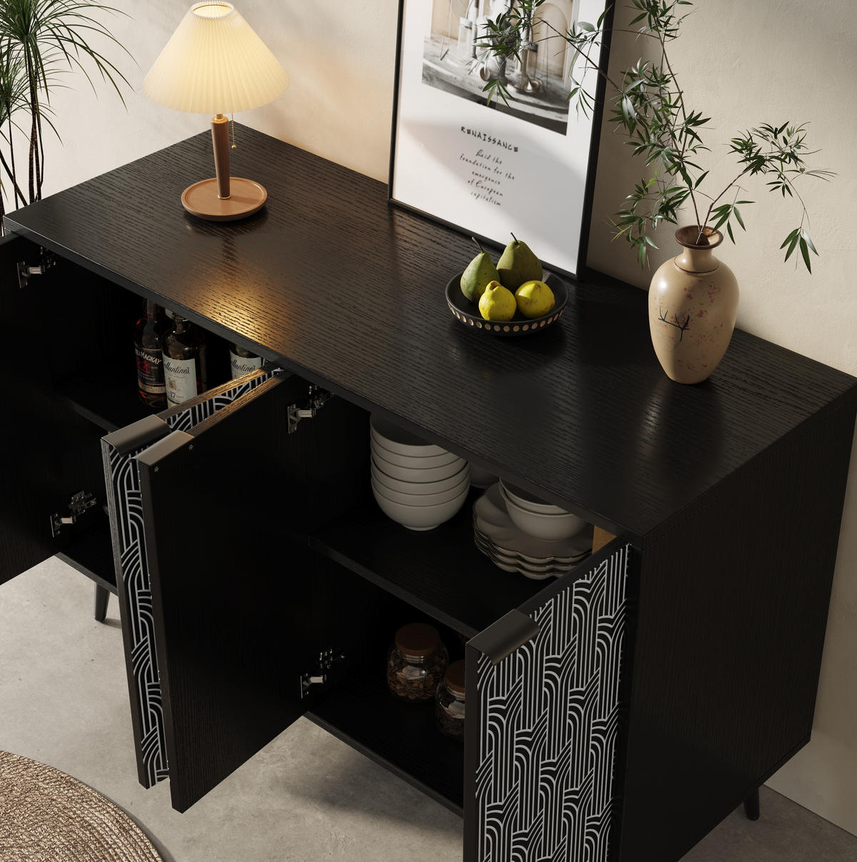 SIDEBOARD 120/35/78 cm mit 2 Türen, Metallbeinen und geometrischer Front - Schwarz, Holzwerkstoff (120/78/35cm) - BEAOK