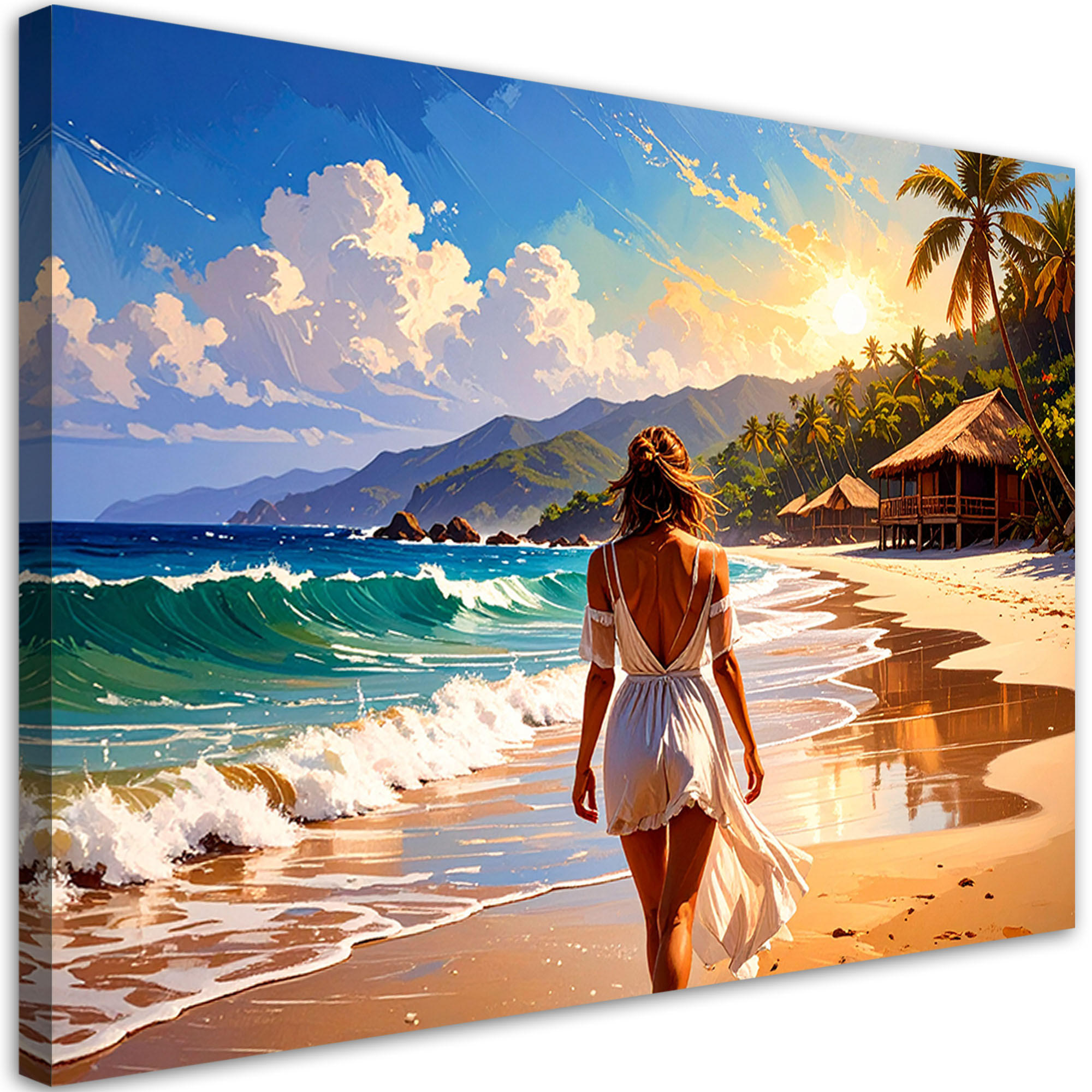 LEINWANDBILD Frau Strand Meer Palmen 120x80cm - Beige, Textil (120/80cm) - Feeby