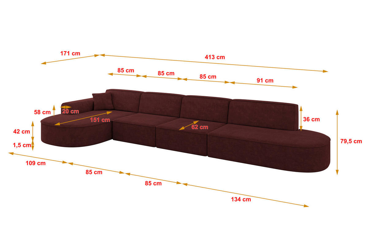 ECKSOFA Ottomane Links MARI-L3 - 413x171x79 cm Bordeaux Velours - Bordeaux/Schwarz, Holzwerkstoff/Kunststoff (413/171cm) - ALTDECOR