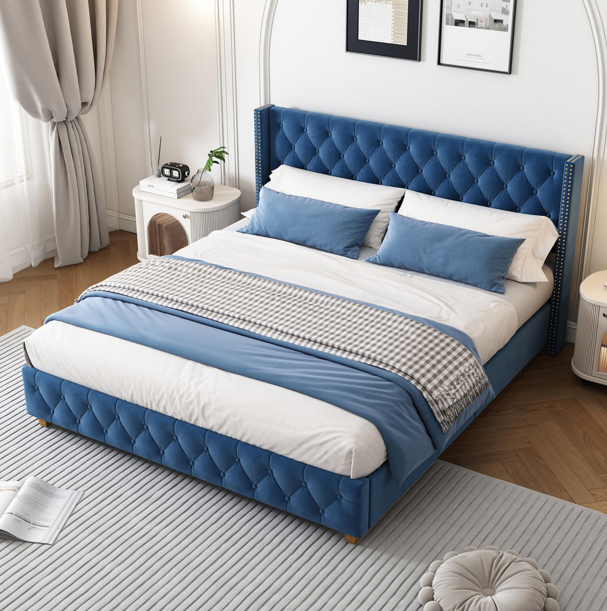 SAMT-POLSTERBETT 160/200 cm mit Lattenrost, gepolstertem Kopfteil in Blau - Blau, Textil (160/200cm) - BEAOK