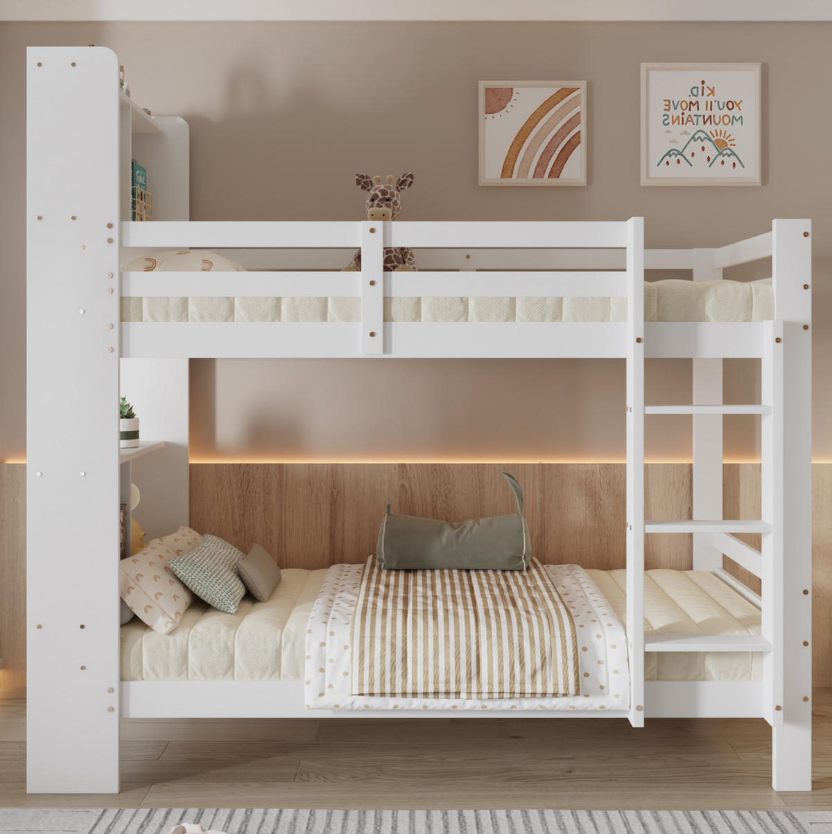 ETAGENBETT 90/200 cm in Weiß mit Regalen und rechtwinkliger Leiter - Weiß, Holzwerkstoff (90/200cm) - BEAOK